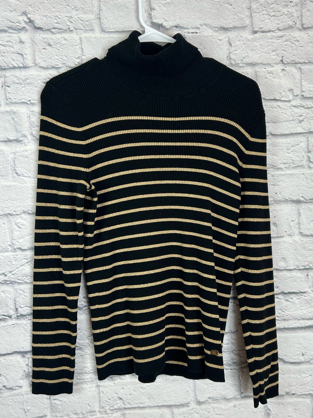 Lauren Ralph Lauren Black Gold Metallic Stripe Turtleneck Sweater L